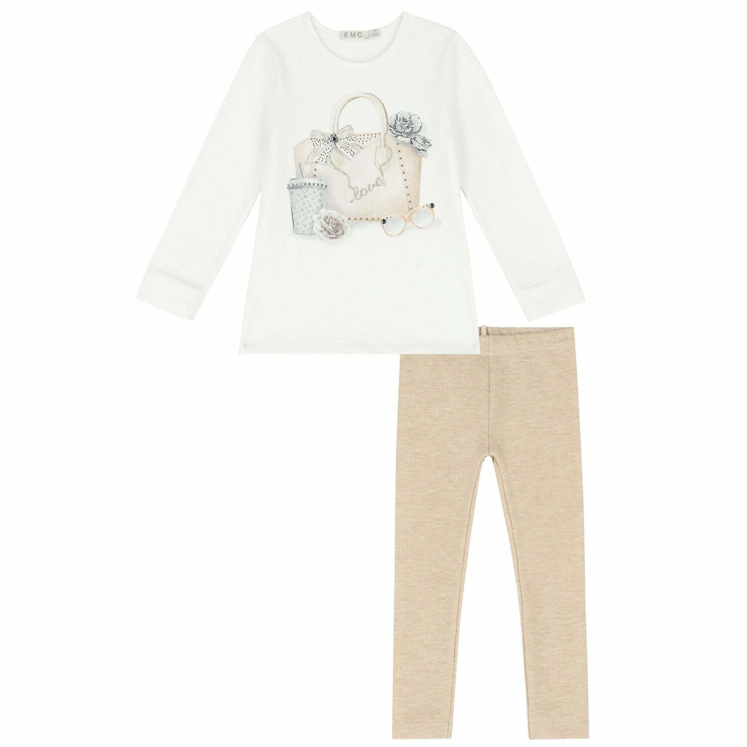 Girls White & Beige Leggings Set, 1, hi-res