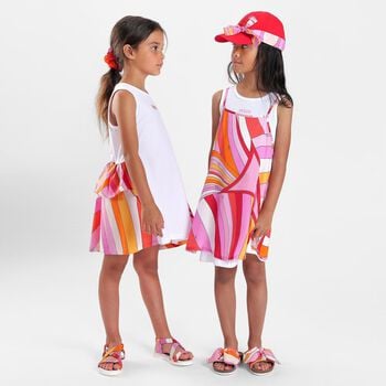 Girls White & Pink Logo Flared Dress 