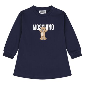 Younger Girls Navy Blue Teddy Bear Logo Dress