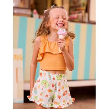 طقم من الشورت للبنات بطبعه فاكهه باللون البرتقالي والعاجي