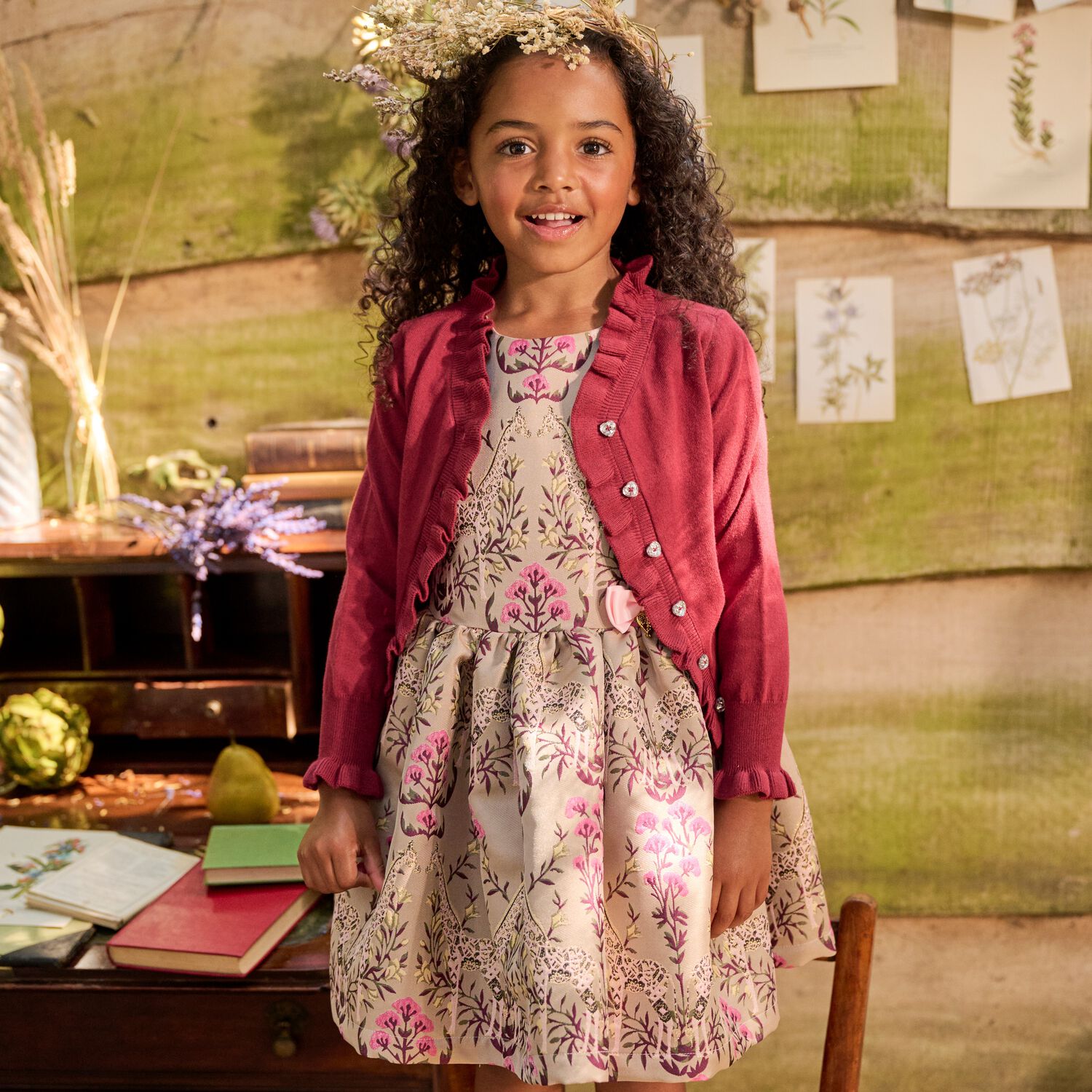 Girls Beige Jacquard Dress, 1, hi-res image number null