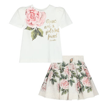 Girls White & Ivory Rose Skirt Set