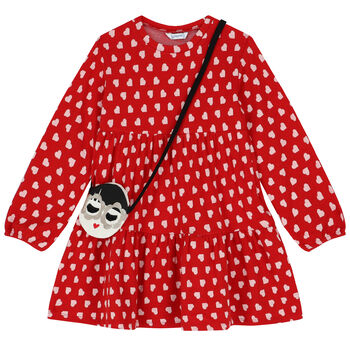 Girls Red Heart Dress & Bag Set