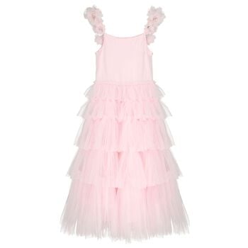 فستان تول مزين بالزهور باللون الوردي للبنات