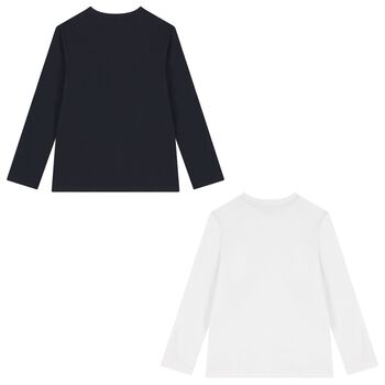 Boys White & Navy Blue Cotton Logo Long Sleeve Top( 2-Pack )