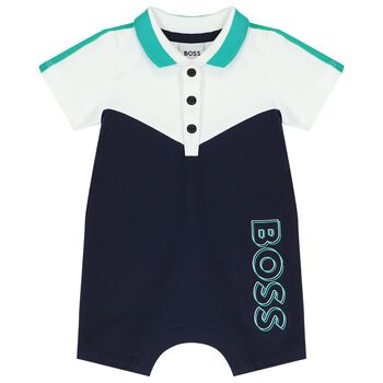 Baby Boys White & Navy Blue Logo Polo Romper