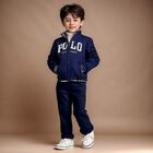 Boys Navy Blue Logo Trousers, 1, hi-res