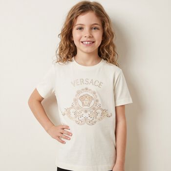 Girls White Embellished Medusa Logo T-Shirt