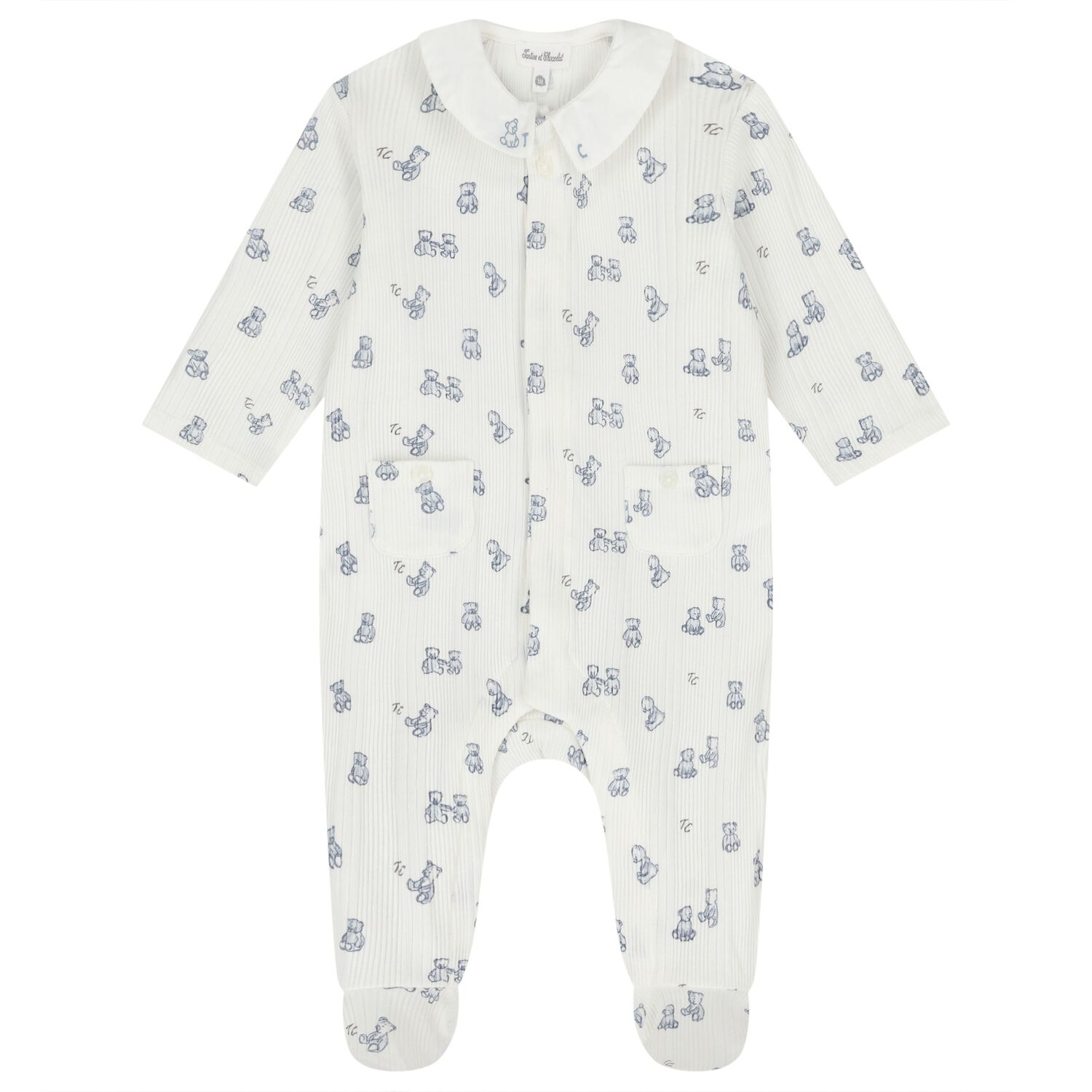 Baby Boys Ivory & Blue Teddy Bear Babygrow, 1, hi-res
