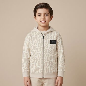 Boys White & Beige Logo Hooded Zip Up Top