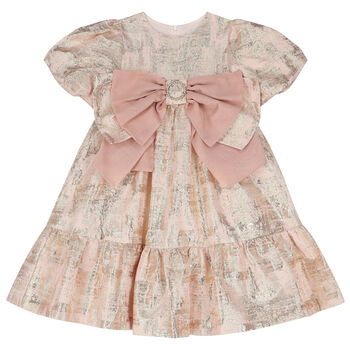 Girls Pink & Gold Jacquard Bow Dress