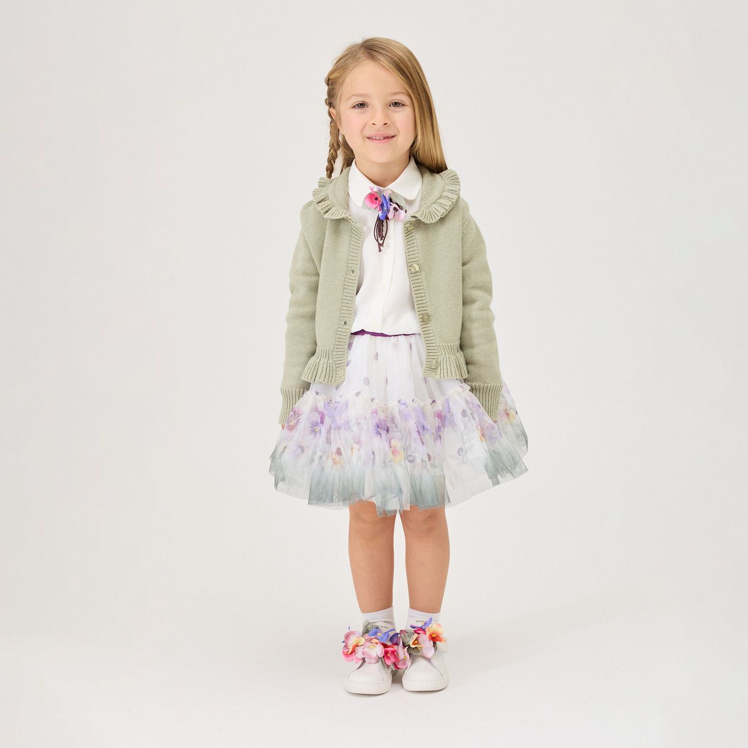 Girls Ivory & Purple Floral Logo Tulle Skirt, 1, hi-res