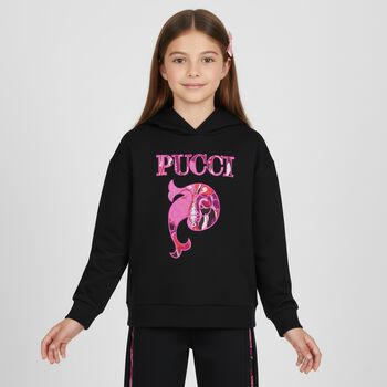 Girls Black Pesci Logo Hooded Top