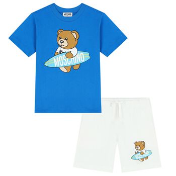 Boys Blue & White Teddy Bear Logo Shorts Set