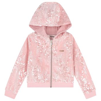 Girls Pink Sequins Hooded Zip Up Top
