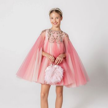Girls Pink Floral & Bow Embellished Cape Dress