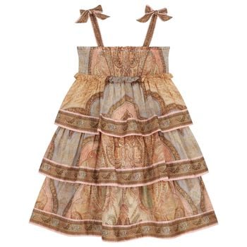 Girls Beige Paisley Tiered Ruffle Dress