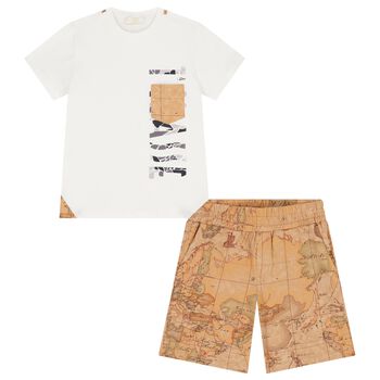 Boys White & Beige Geo Map Shorts Set