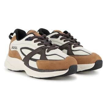 Boys White & Beige Logo Leather Trainers