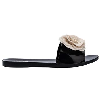 Girls Black & Beige Logo Flower Flip Flops