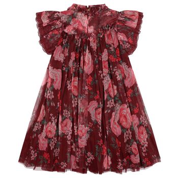Girls Red Floral Ruffled Tulle Hettie Dress