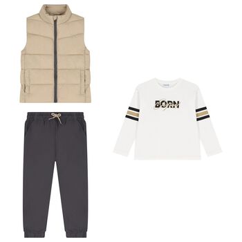 Boys White, Beige & Grey Tracksuit Set ( 3 Piece )