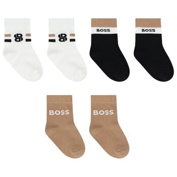 Baby Boys Beige, White & Black Logo Socks ( 3-Pack ) 