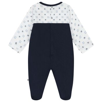 Baby Boys White & Navy Blue Logo Babygrow