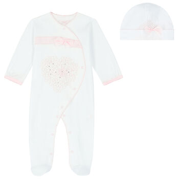 Baby Girls White & Pink Embellished Floral Babygrow Set