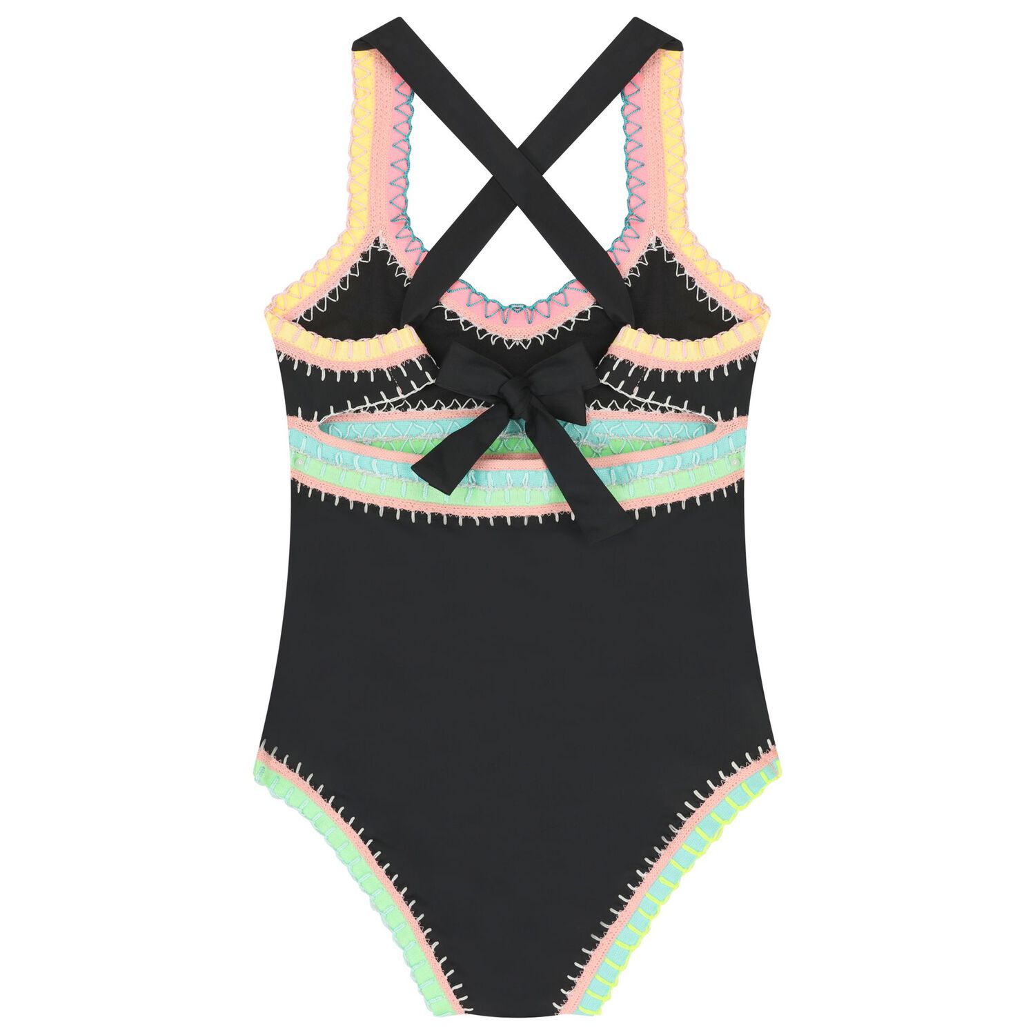 Girls Black Embroidered Swimsuit, 1, hi-res