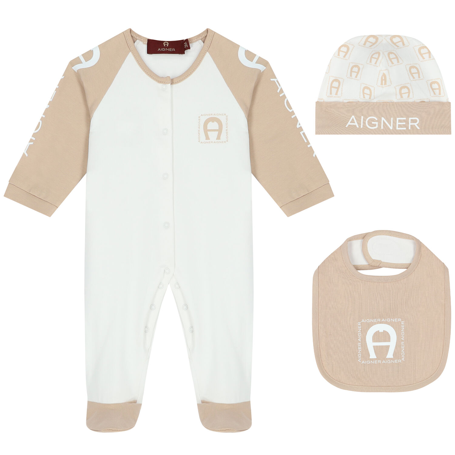 Baby Boys Beige & White Logo Babygrow Set, 1, hi-res