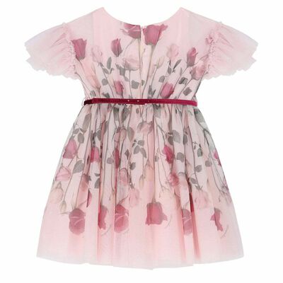 Monnalisa Pink Rose Print Dress With Detachable Rose Belt