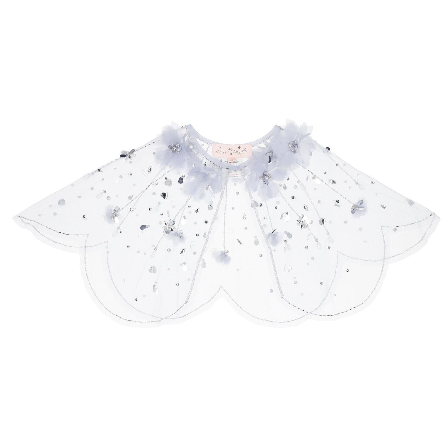 Girls Blue Embellished Flower Cape, 1, hi-res