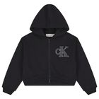 Girls Black Logo Hooded Zip Up Top, 1, hi-res