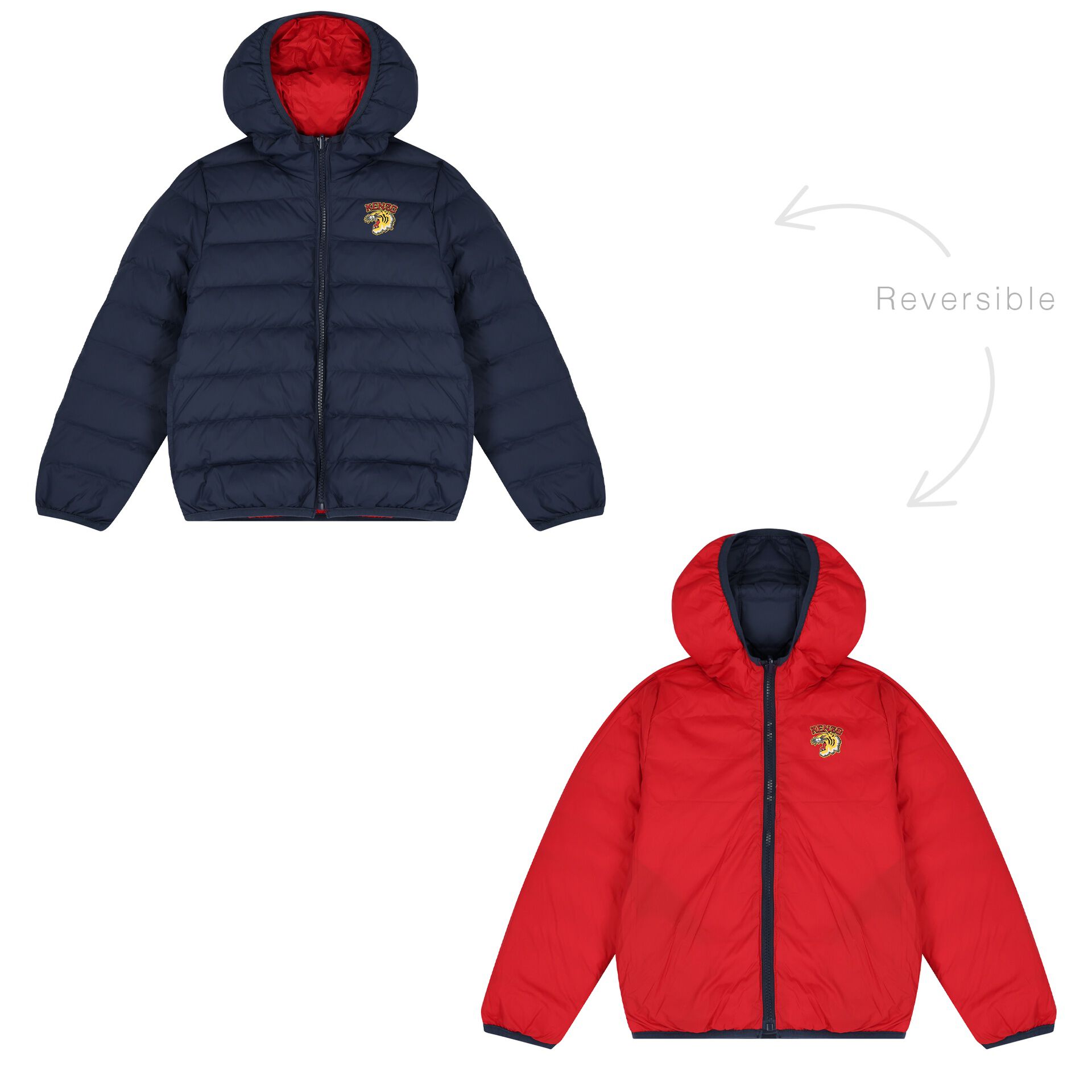 KENZO KIDS Navy Blue Red Logo Reversible Puffer Jacket Junior Couture