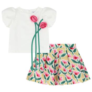 Girls White & Yellow Floral Skirt Set