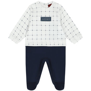 Baby Boys Navy Blue & White Pima Cotton Logo Babygrow