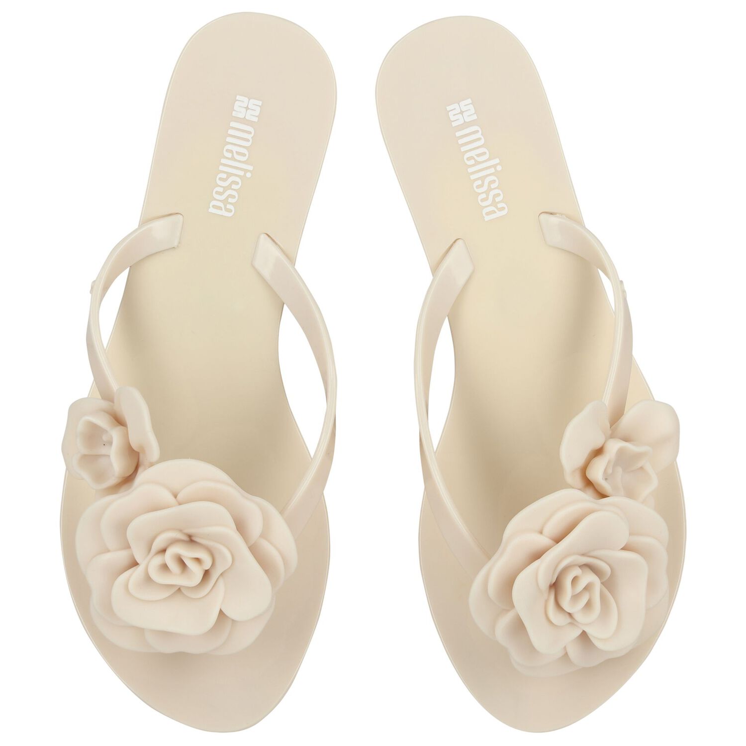 Girls Beige Logo Flower Flip Flops, 1, hi-res