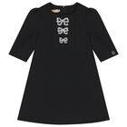 Girls Black Embellished Crepe Dress, 1, hi-res