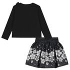 Girls Black Embellished Floral Skirt Set, 2, hi-res