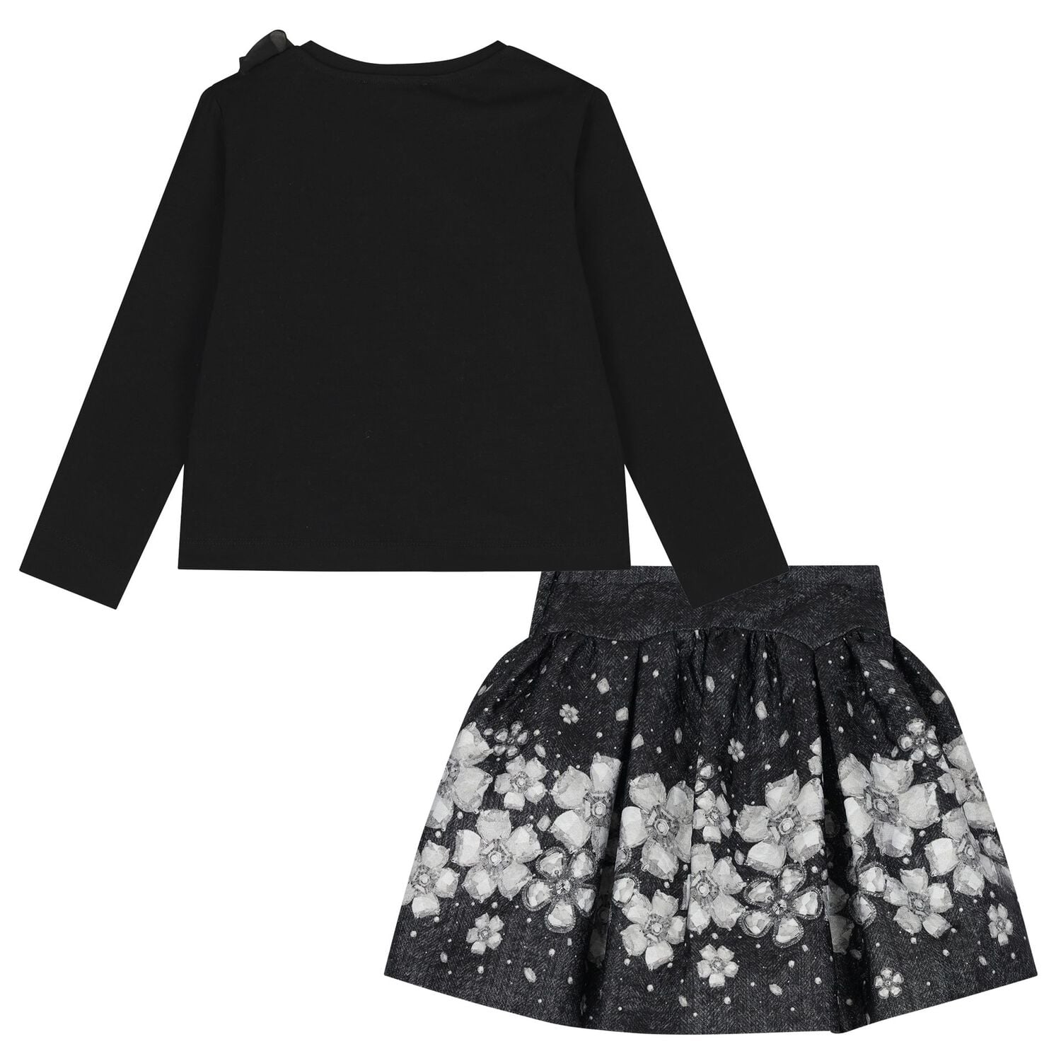Girls Black Embellished Floral Skirt Set, 2, hi-res