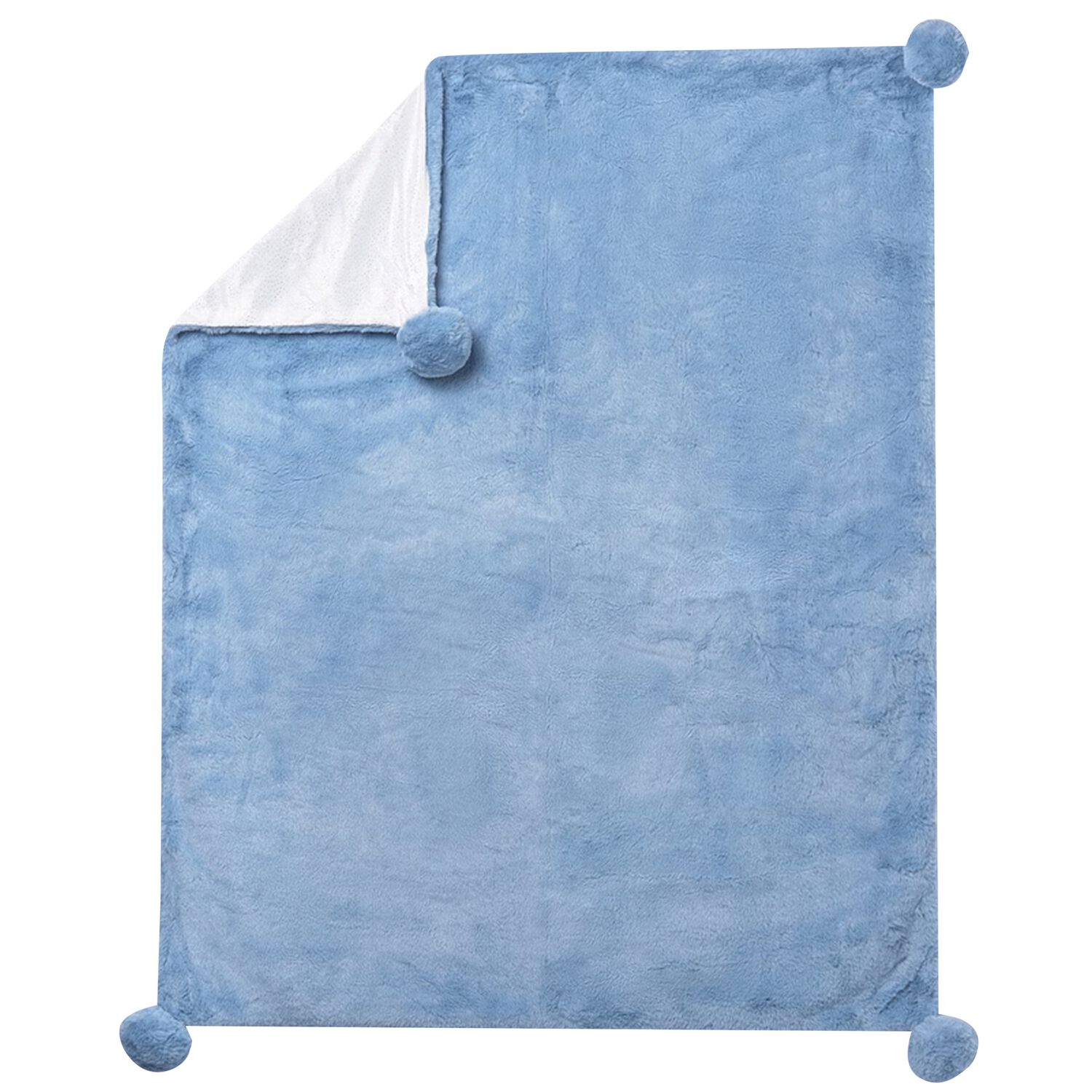 Baby Boys Blue Faux Fur & Pom-Pom Blanket, 3, hi-res