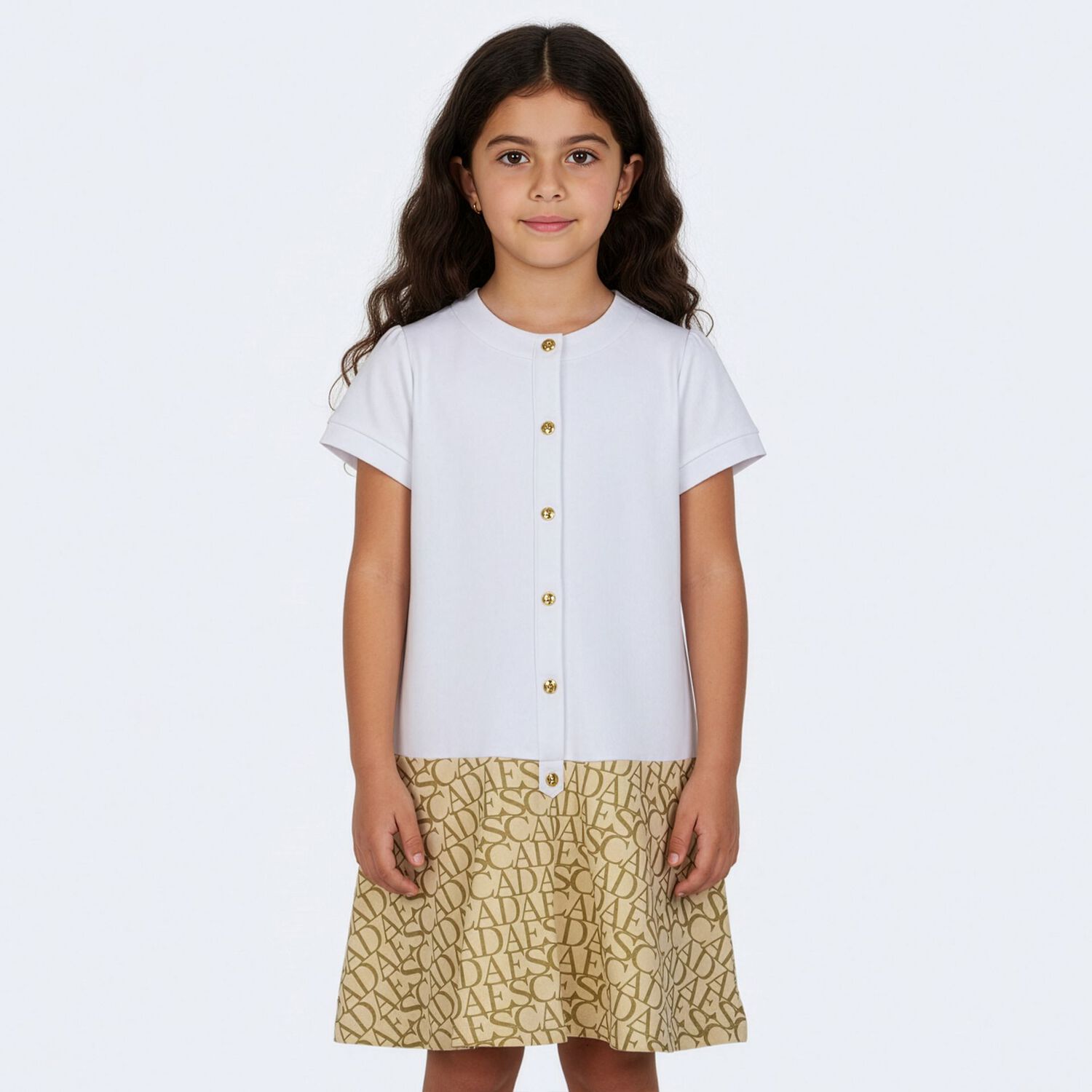 Girls White & Gold Logo Dress, 1, hi-res