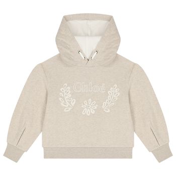 Girls Beige Embroidered Logo Hooded Top