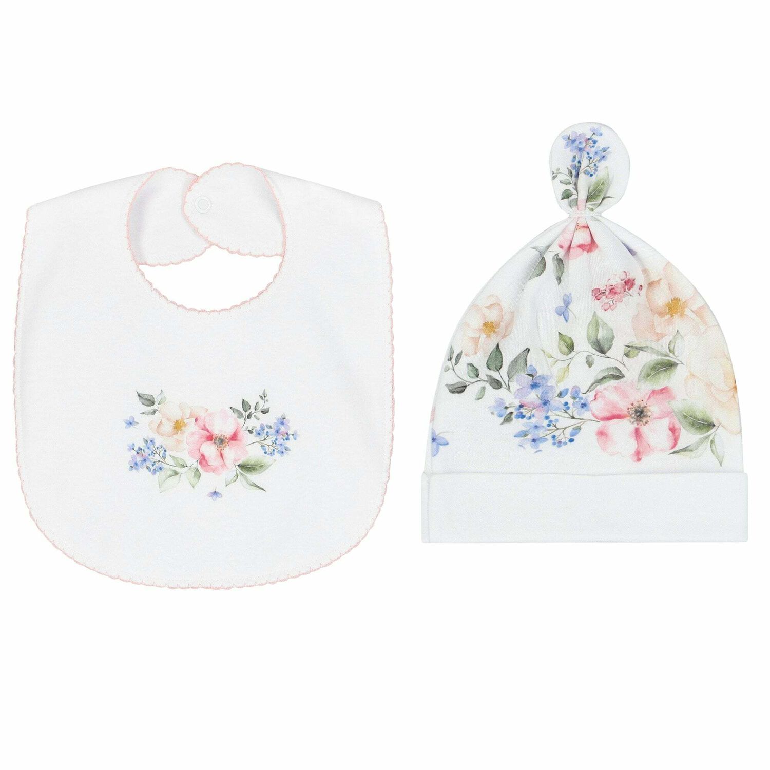Baby Girls White Floral Hat & Bib Set, 1, hi-res