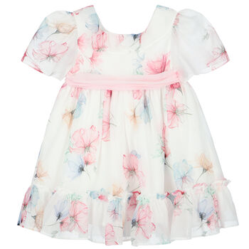 Younger Girls White Floral Chiffon Dress