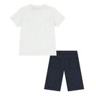 Youngers Boys White & Navy Blue Logo Shorts Set, 1, hi-res
