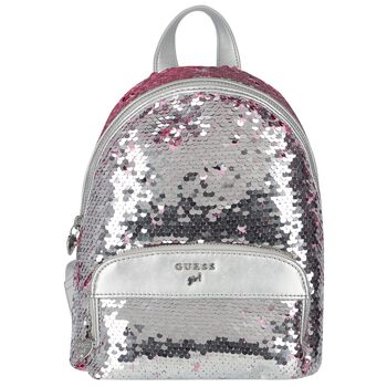 حقيبة ظهر بنات بالشعار مزينة بالترتر باللون الفضى والوردى