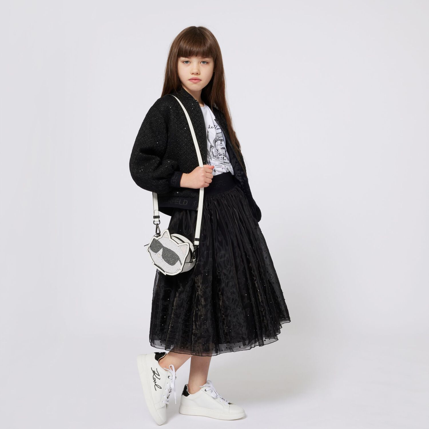 Girls Black Embellished Organza Skirt, 1, hi-res