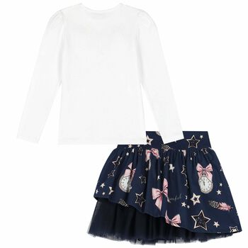 Girls White & Navy Skirt Set
